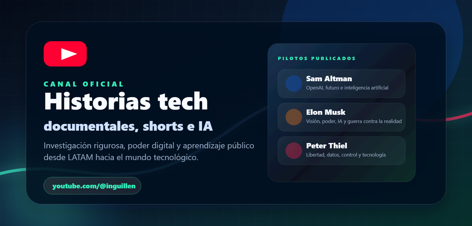 Canal de YouTube de Marcelo Guillén com podcast documental, shorts, tecnologia, IA e poder digital